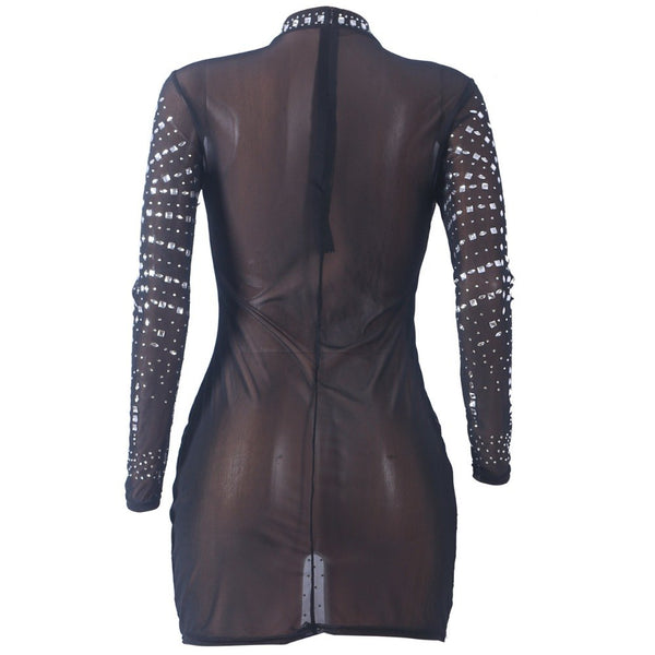 O Neck Crystal Shudded Sequins Embellished Mesh Dress