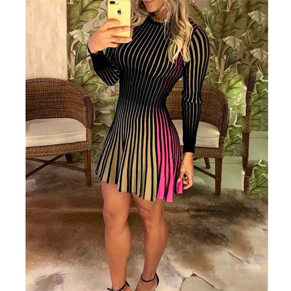 O Neck Contrast Striped Pleated Long Sleeve Mini Dress