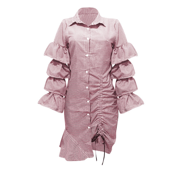 Irregular Striped Turn Down Collar Button Shirt Midi Dress