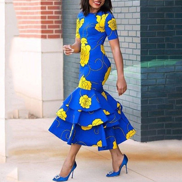 Round Neck Mid-Calf Falbala Sheath Floral Printed