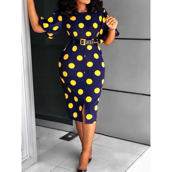 Elegant Blue Bodycon Polka Dots Print Split Dress