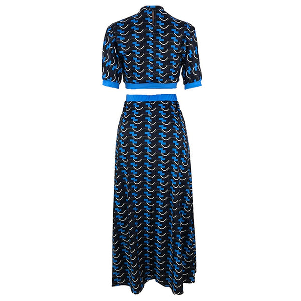 Stand Collar Half Sleeve A-Line Geometric Print Maxi Dress