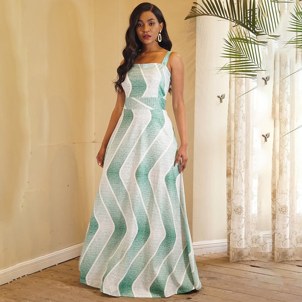 Green Square Neck Floor Length Striped Maxi Dress