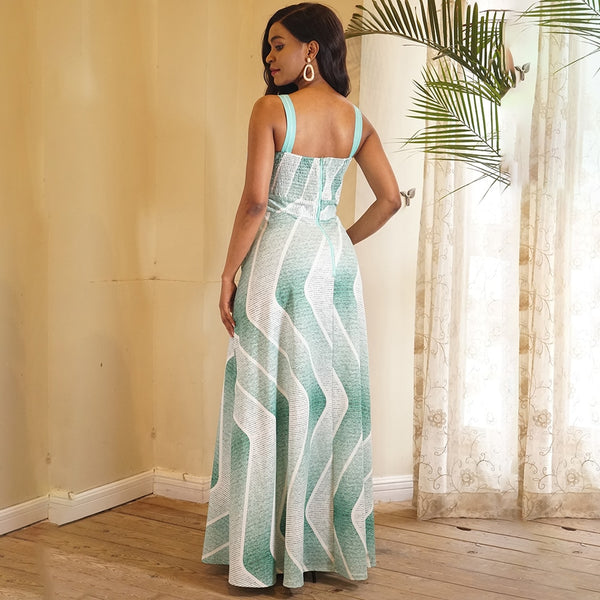 Green Square Neck Floor Length Striped Maxi Dress