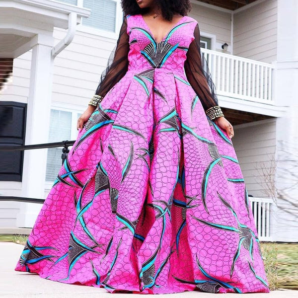 Big Swing Print Deep V Neck Mesh Floor Length Dress