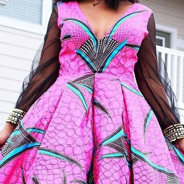Big Swing Print Deep V Neck Mesh Floor Length Dress