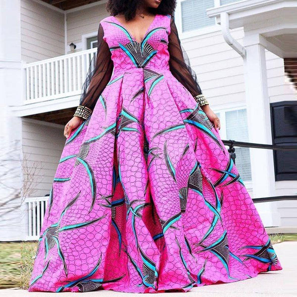 Big Swing Print Deep V Neck Mesh Floor Length Dress
