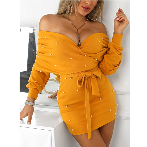 Beading Off Shoulder Belted Patchwork V-Neck Mini Dress