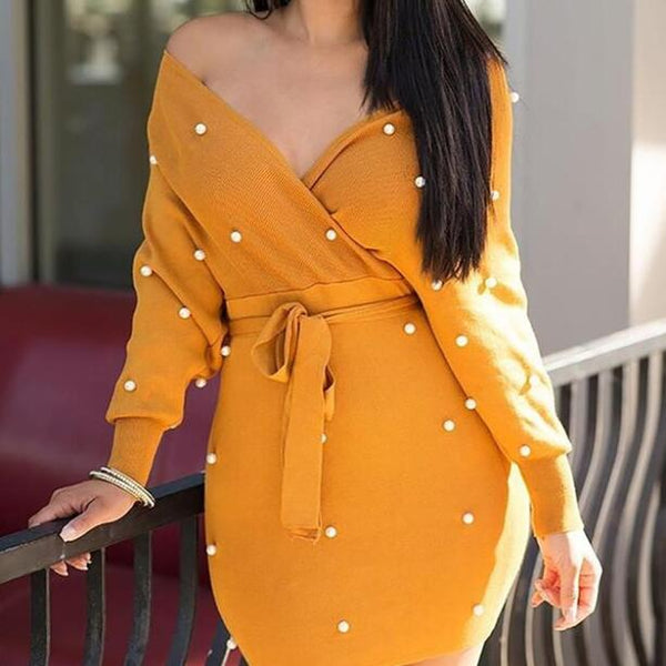 Beading Off Shoulder Belted Patchwork V-Neck Mini Dress