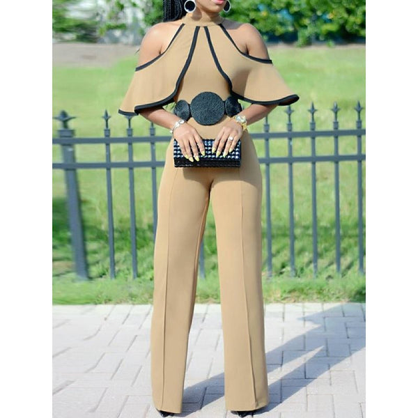 Full Length Falbala Slim High Waist Straight Plain Jumpsuit