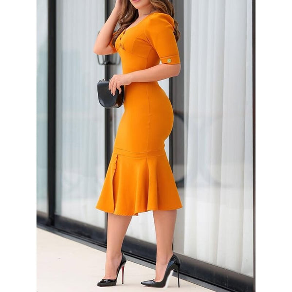 Mid-Calf V-Neck Plain Half Sleeve High Waist Midi Dress