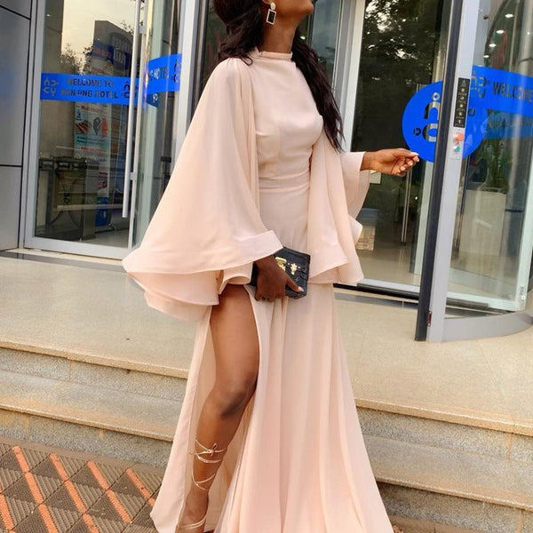 Butterfly Sleeve A-line Mesh Plain Slit Long Maxi Dress