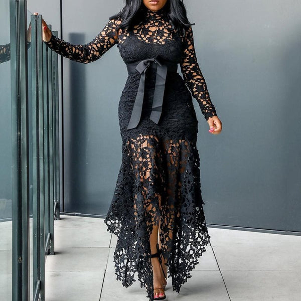 Asymmetric Floor-Length Long Sleeve  Hollow Lace Maxi Dress