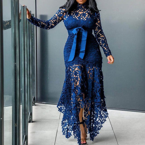 Asymmetric Floor-Length Long Sleeve  Hollow Lace Maxi Dress