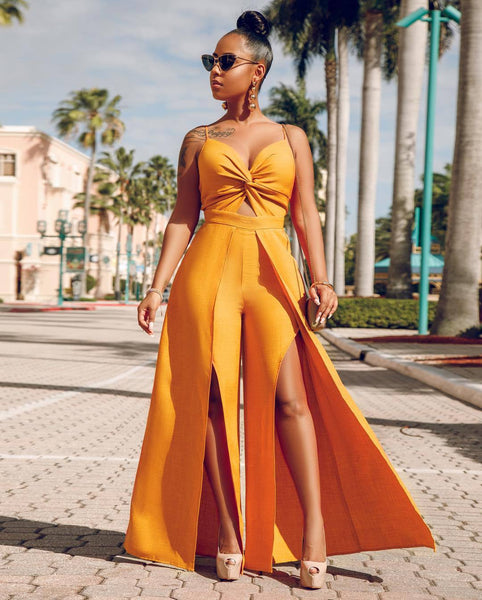 Overalls Spaghetti Strap High Split Backless Wide Leg