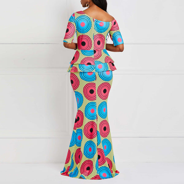 Falbala Color Block Half Sleeve Floor-Length Mermaid Maxi Dress
