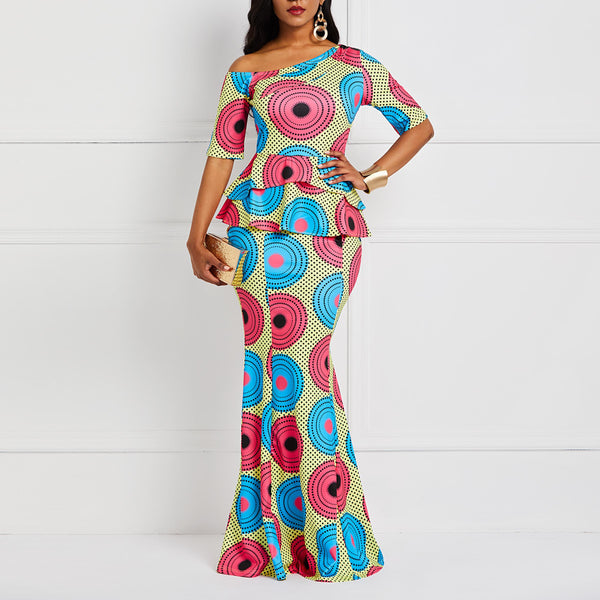 Falbala Color Block Half Sleeve Floor-Length Mermaid Maxi Dress