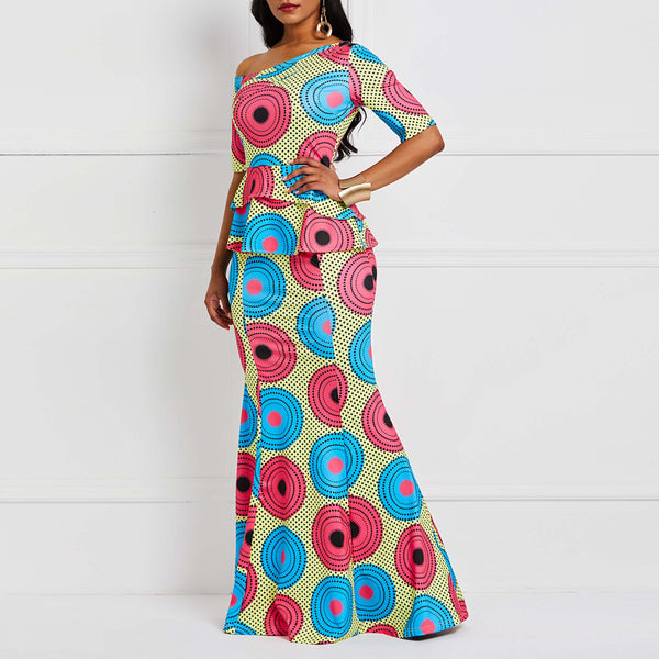 Falbala Color Block Half Sleeve Floor-Length Mermaid Maxi Dress