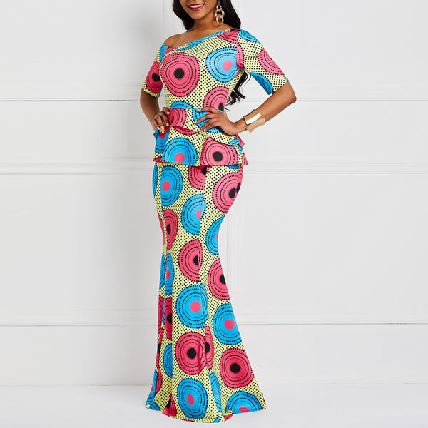 Falbala Color Block Half Sleeve Floor-Length Mermaid Maxi Dress