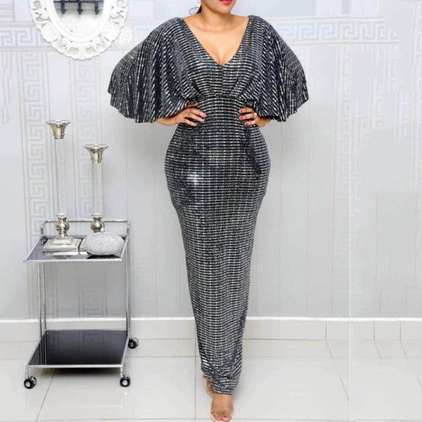 Gray Long Pencil High Waist Backless Sequin Glitter Maxi Dress