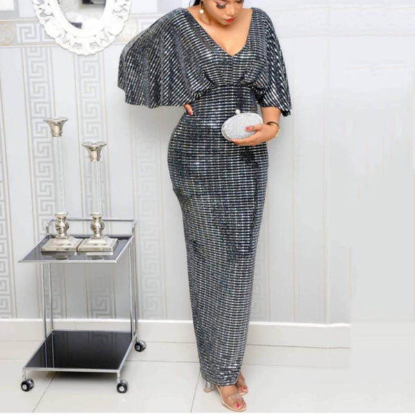 Gray Long Pencil High Waist Backless Sequin Glitter Maxi Dress