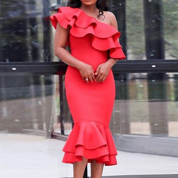 One-Shoulder Sleeveless Mid-Calf Ruffles Bodycon Dress