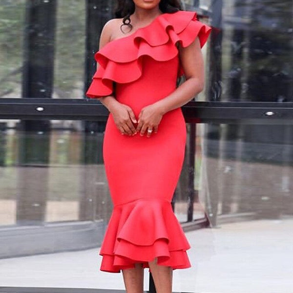 One-Shoulder Sleeveless Mid-Calf Ruffles Bodycon Dress